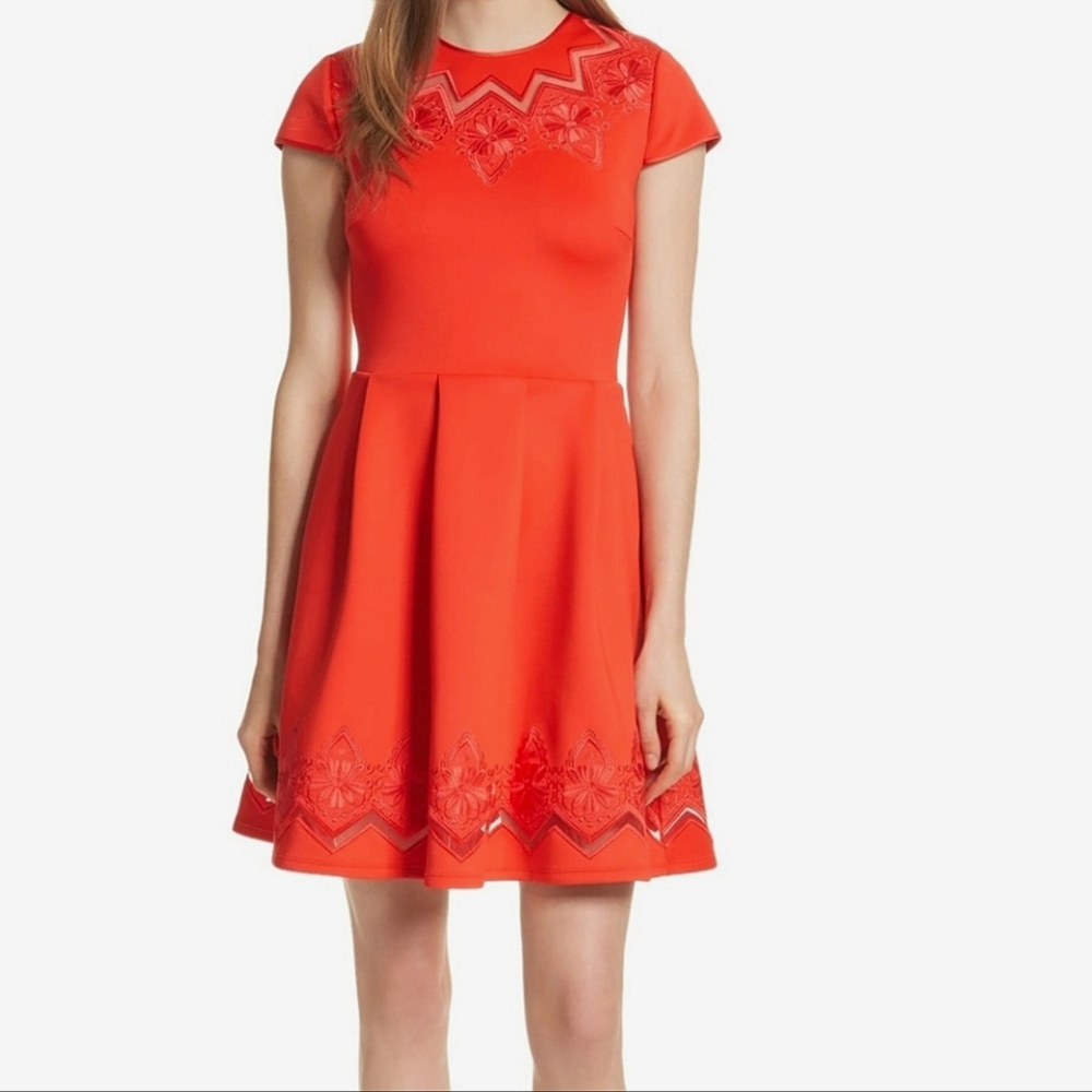 Ted Baker London Orange Red Skater Dress, Size 3(US 8) with beautiful neckline